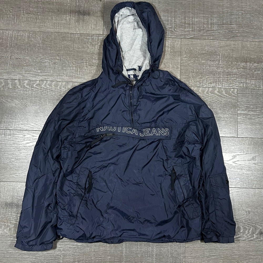 Nautica Jeans Mens Navy Blue Half Zip Anorak Windbreaker Jacket Hooded Large